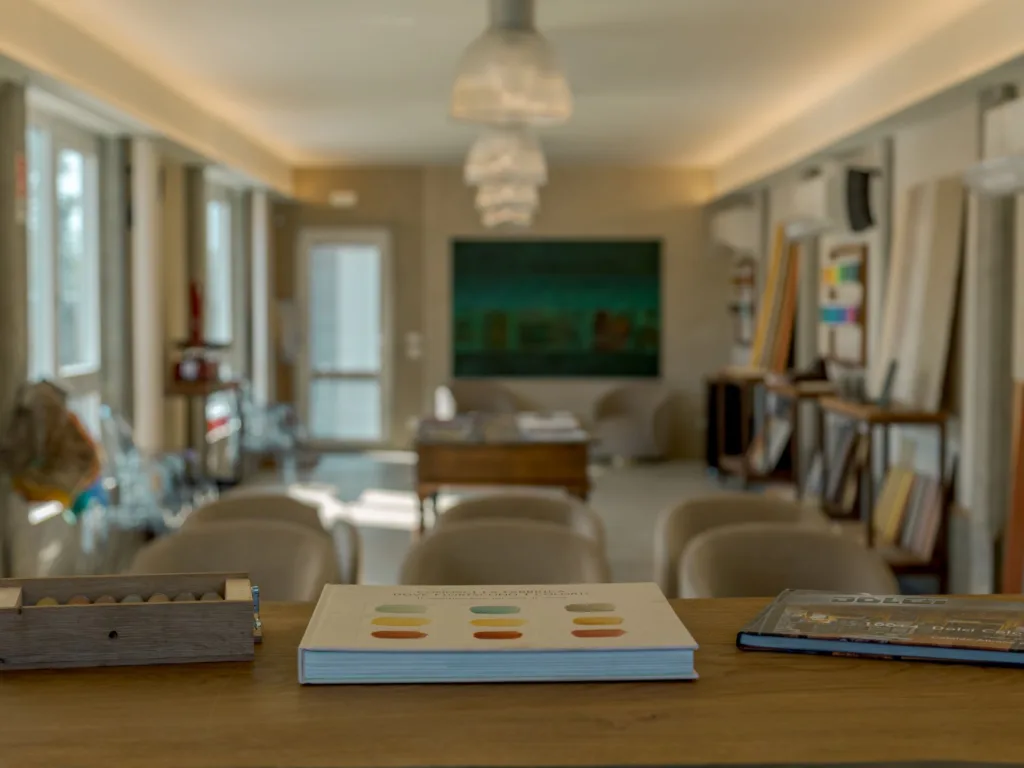 Libri su un tavolo in stanza showroom
