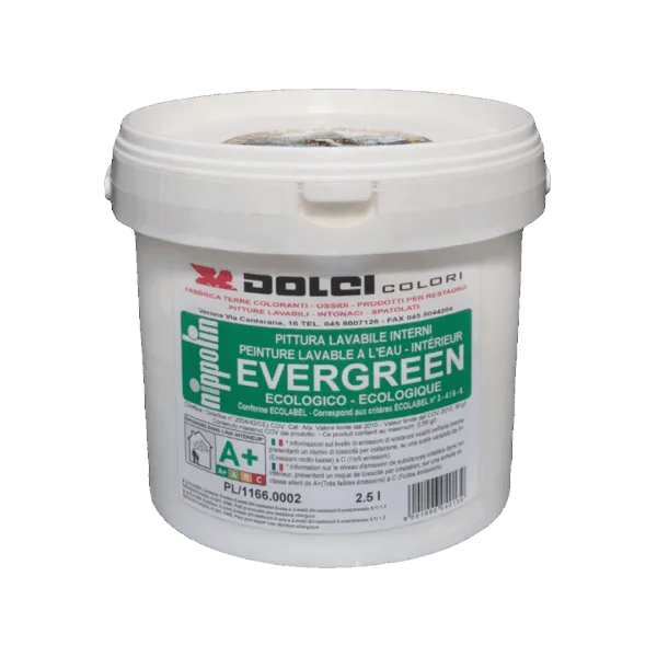Pittura lavabile Evergreen A+ in secchio bianco con etichetta verde e bianca.