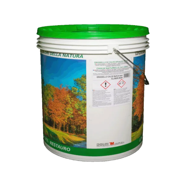 Contenitore di Grassello di Calce filtrato con etichetta dettagliata.