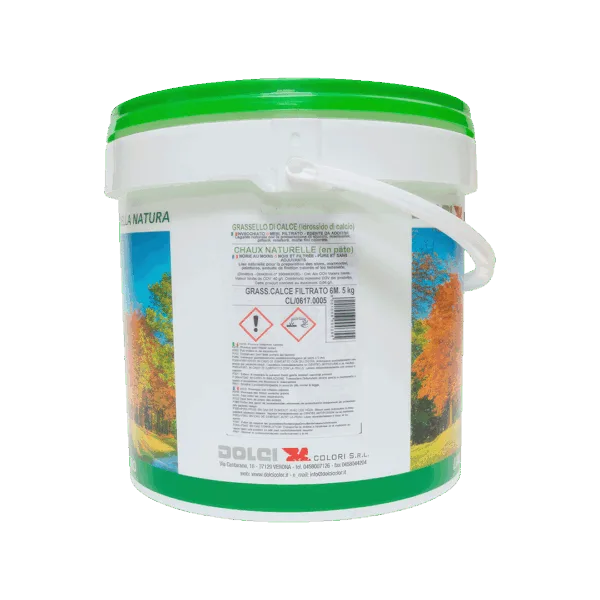 Secchio di grassello di calce filtrato naturale, 6 mesi, 5 kg, con etichetta dettagliata.