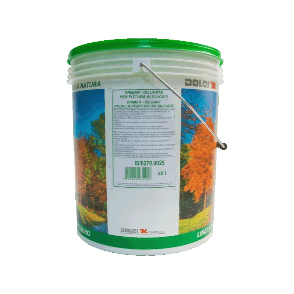 Secchio di primer ai silicati trasparente per pittura, con etichetta e manico.