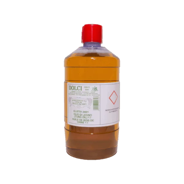 Olio di Legno Tung in bottiglia con etichetta, prodotto naturale per il restauro del legno.