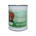 Latta di olio protettivo per legno con etichetta verde e immagine di albero.