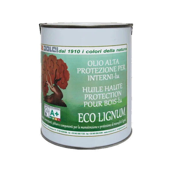 Latta di olio protettivo per legno con etichetta verde e immagine di albero.