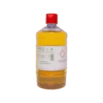 Olio paglierino in bottiglia con etichetta, ideale per dolci colorati.