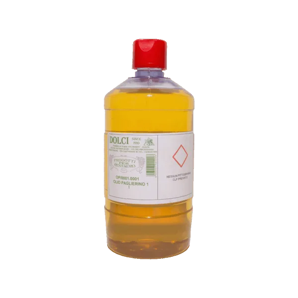 Olio paglierino in bottiglia con etichetta, ideale per dolci colorati.