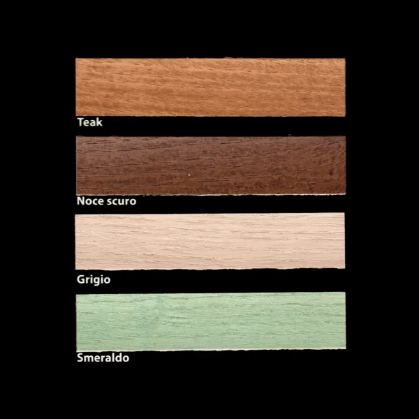 Campioni di colori di legno: Teak, Noce scuro, Grigio, Smeraldo.