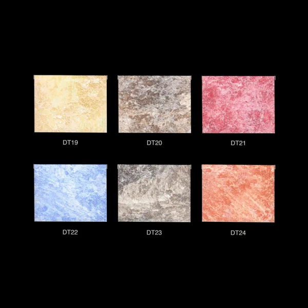 Palette di colori per decorazioni e design, varie tonalità di beige, grigio, rosa, blu e arancione.