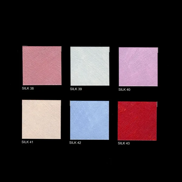 Tavolozza di sei campioni di tessuto colorato con nomi e codici.