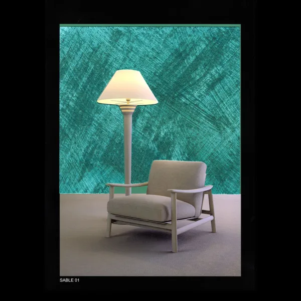 Sedia moderna con lampada da terra su sfondo verde turchese.