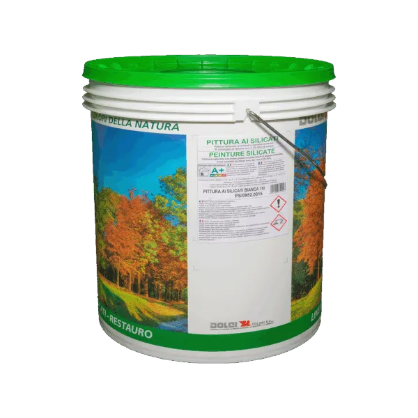 Secchio di pittura ai silicati bianca Dolci Colori con etichetta dettagliata.