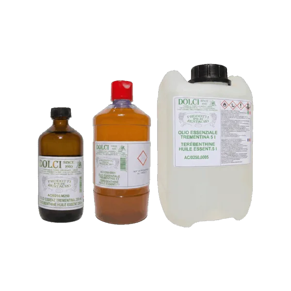 Flaconi di olio di pino trementina per uso artistico e industriale.