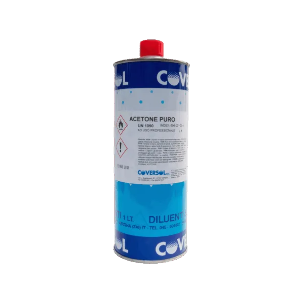 Bottiglia di acetone puro con etichetta dettagliata.