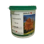 Contenitore di antitannino trasparente con etichetta e immagine di albero autunnale.