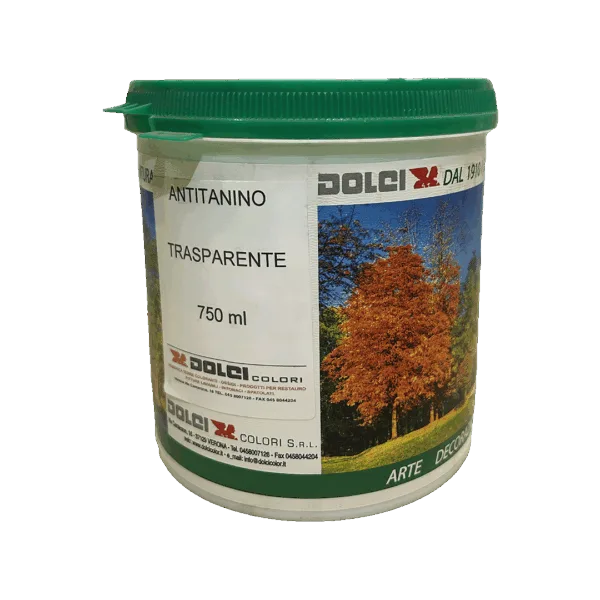 Contenitore di antitannino trasparente con etichetta e immagine di albero autunnale.