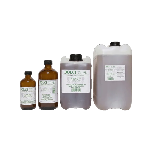 Bottiglie di olio di lino crudo naturale per cucina e cosmetici.