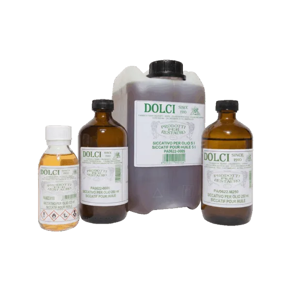 Prodotti siccativi per olio Dolci Colori, confezioni in vetro e plastica.