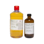 Vernice lustrina gialla e marrone in bottiglie di laboratorio.