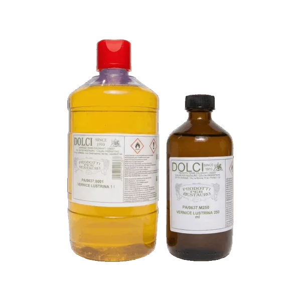 Vernice lustrina gialla e marrone in bottiglie di laboratorio.
