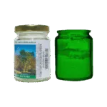 Vaso di pigmento fosforescente verde in vetro trasparente e contenitore di vetro verde.