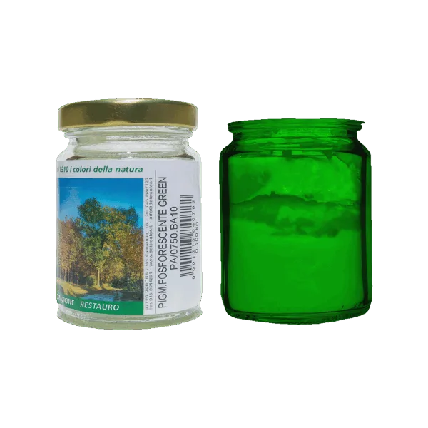 Vaso di pigmento fosforescente verde in vetro trasparente e contenitore di vetro verde.