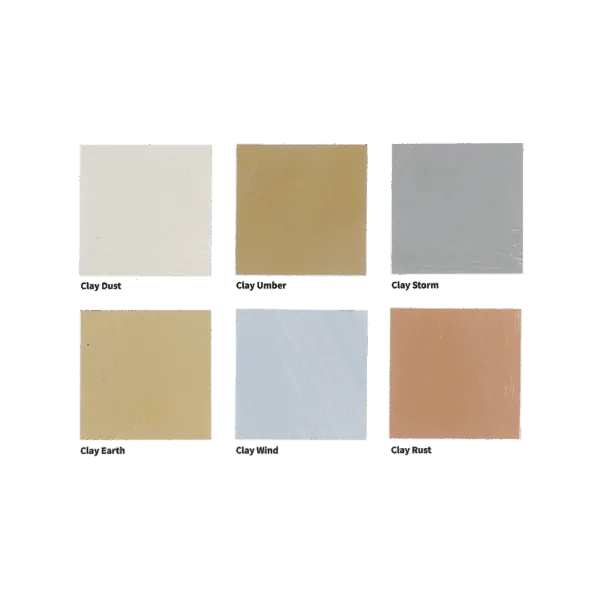Sei campioni di colori in argilla: Dust, Umber, Storm, Earth, Wind, Rust.